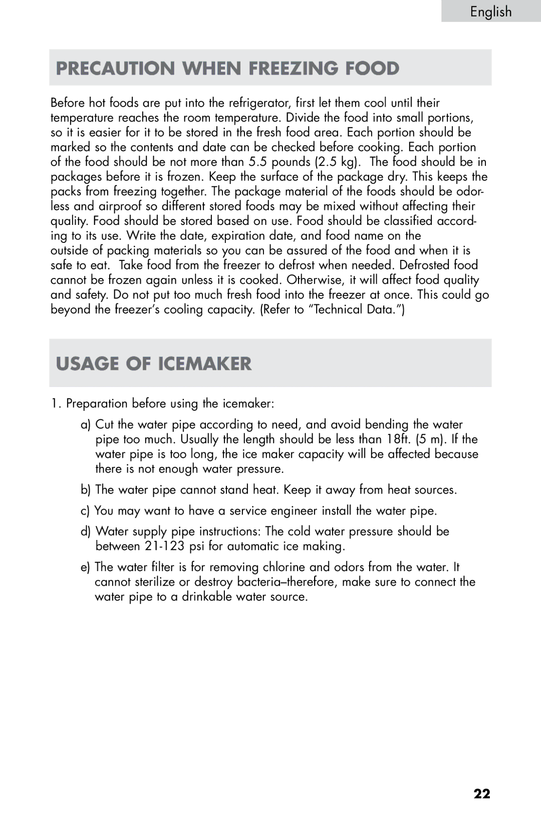 Haier HB21FC75, HB21FC45 user manual Precaution when Freezing Food, Usage of Icemaker 