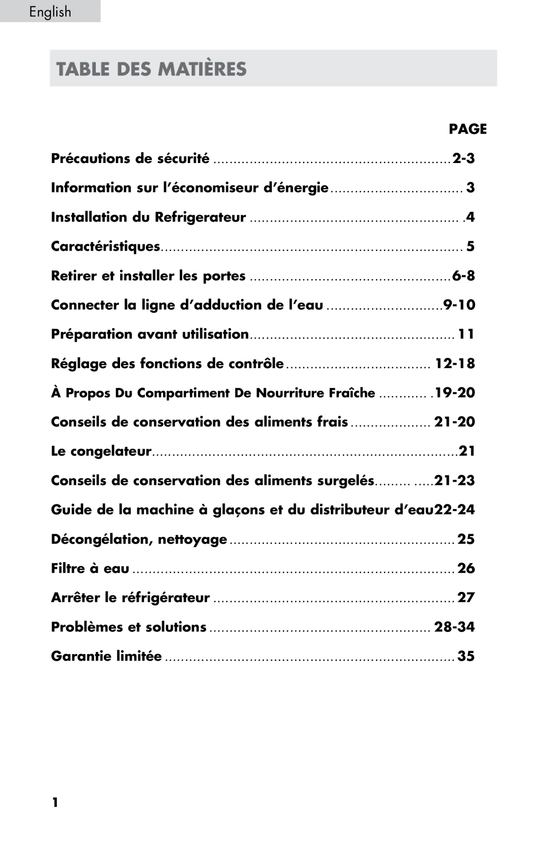 Haier HB21FC45, HB21FC75 Table DES Matières, Réglage des fonctions de contrôle 12-18, 19-20, Problèmes et solutions 28-34 