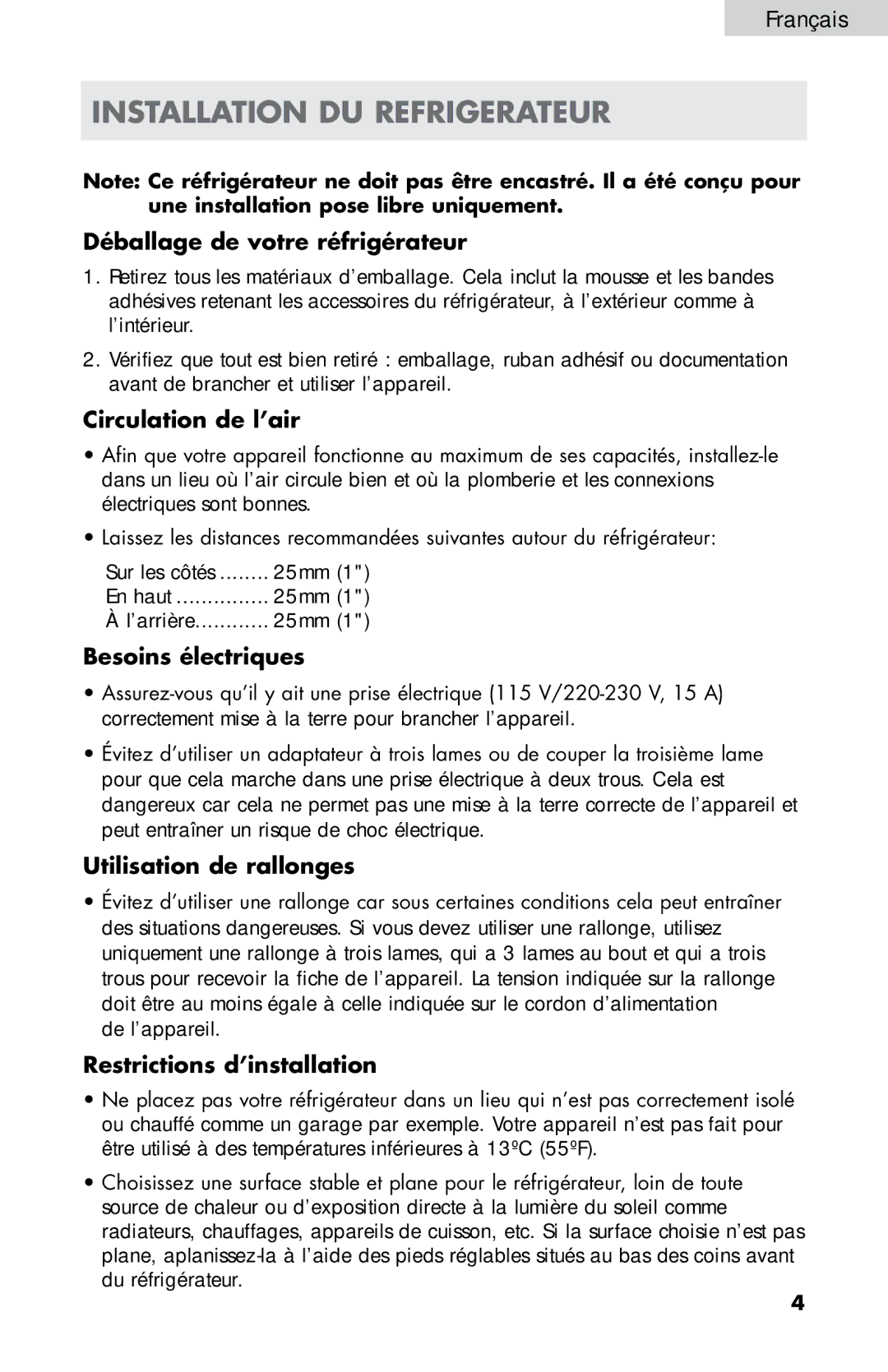 Haier HB21FC75, HB21FC45 user manual Installation DU Refrigerateur 