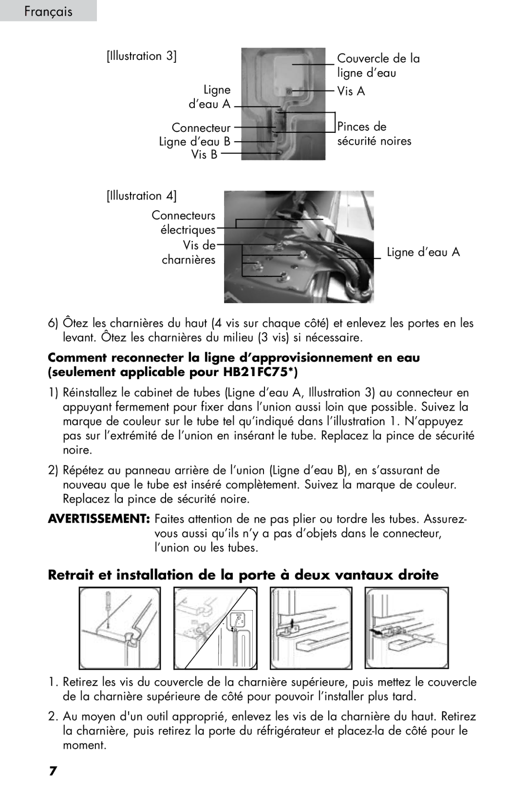 Haier HB21FC45, HB21FC75 user manual Retrait et installation de la porte à deux vantaux droite 