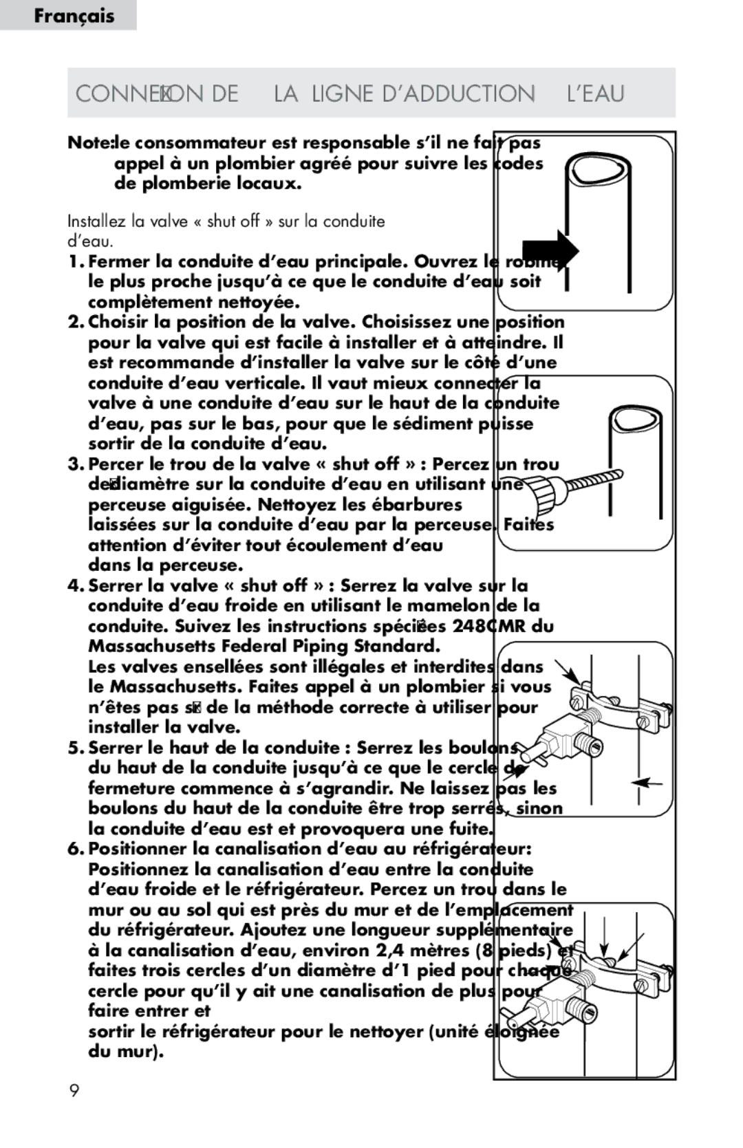 Haier HB21FC45, HB21FC75 user manual Connexion DE LA Ligne D’ADDUCTION L’EAU 