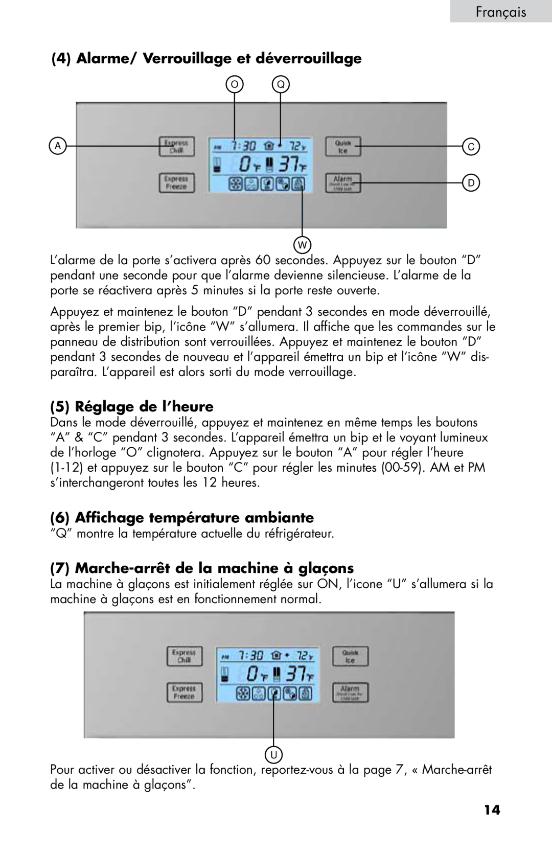 Haier HB21FC75, HB21FC45 Alarme/ Verrouillage et déverrouillage, Réglage de l’heure, Affichage température ambiante 