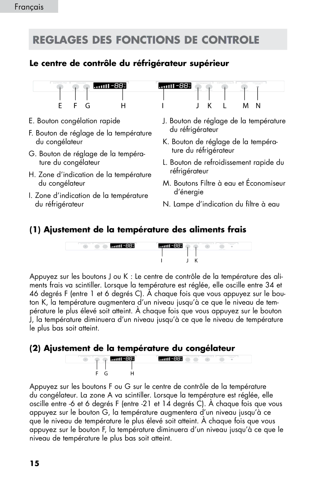 Haier HB21FC45, HB21FC75 user manual Reglages DES Fonctions DE Controle, Le centre de contrôle du réfrigérateur supérieur 