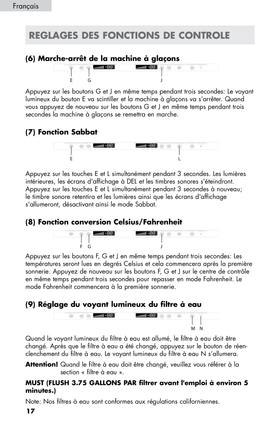 Haier HB21FC45 Fonction Sabbat, Fonction conversion Celsius/Fahrenheit, Réglage du voyant lumineux du filtre à eau 