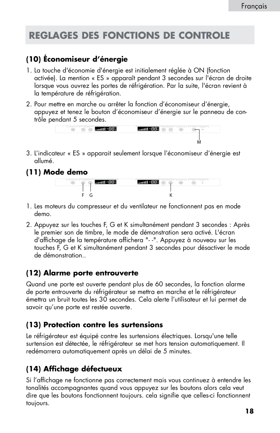 Haier HB21FC75, HB21FC45 10 Économiseur d’énergie, Mode demo, Alarme porte entrouverte, Protection contre les surtensions 