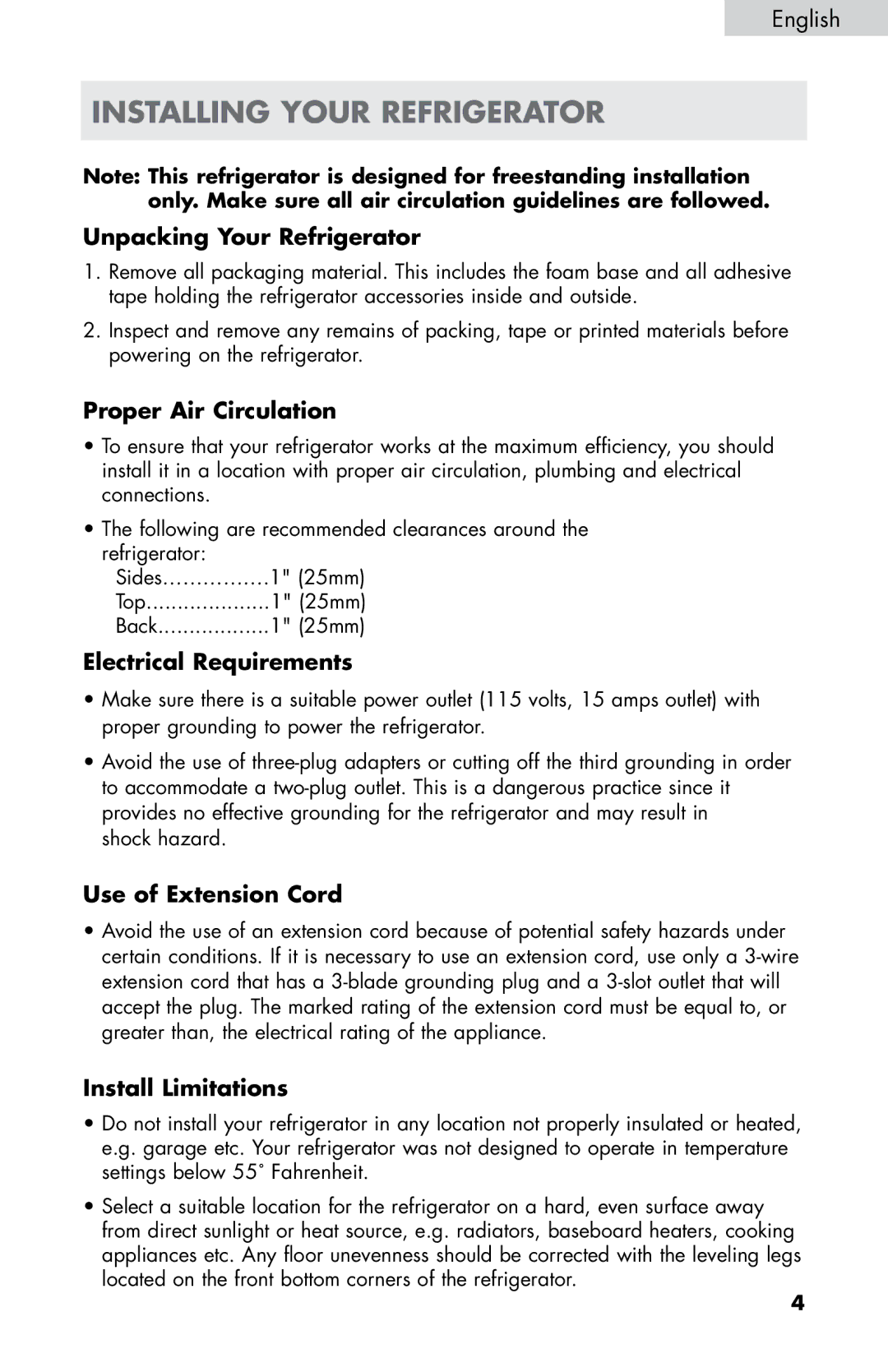 Haier HB21FC75, HB21FC45 user manual Installing your refrigerator 