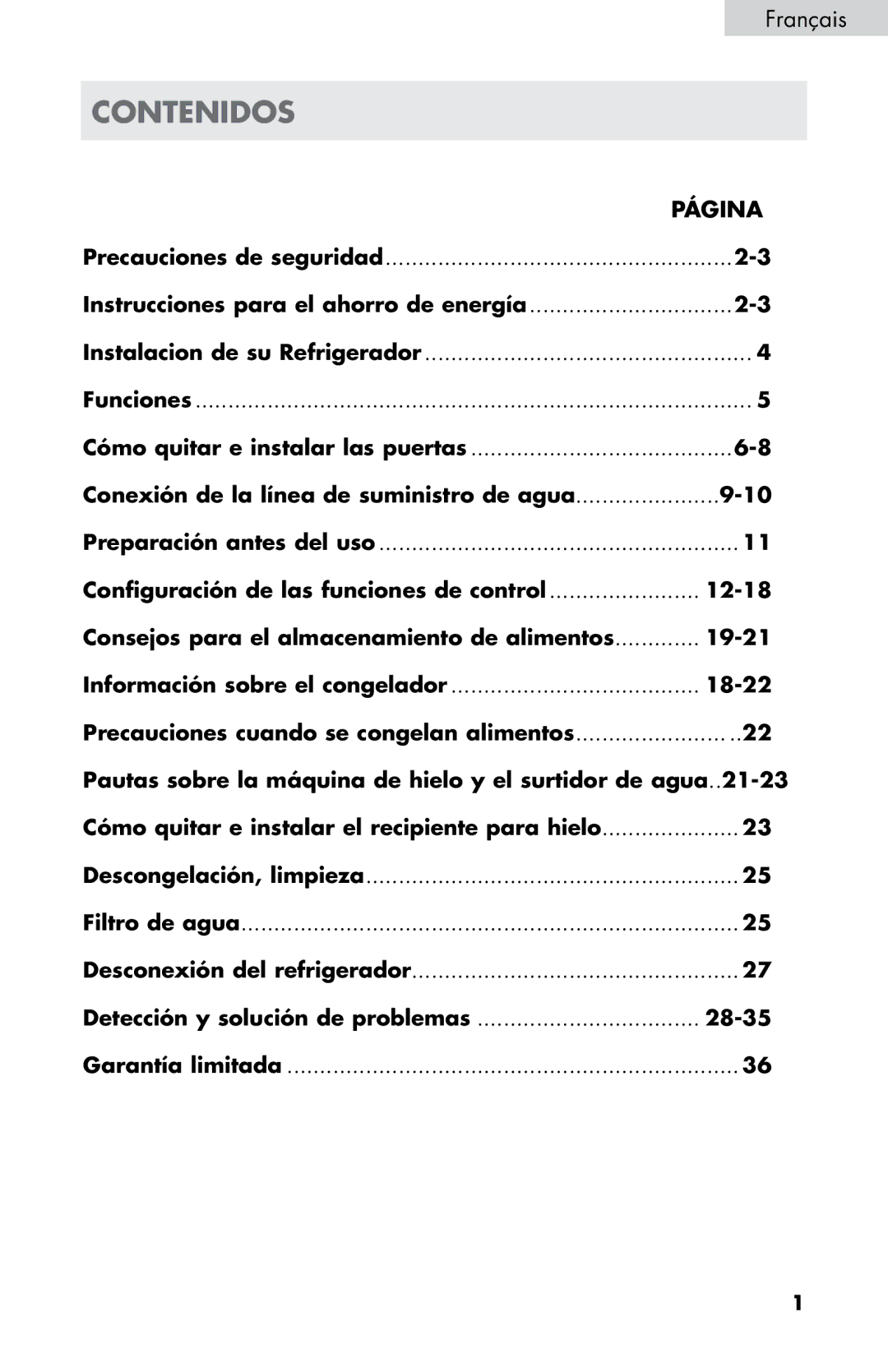 Haier HB21FC75, HB21FC45 user manual Contenidos, Français, 18-22 