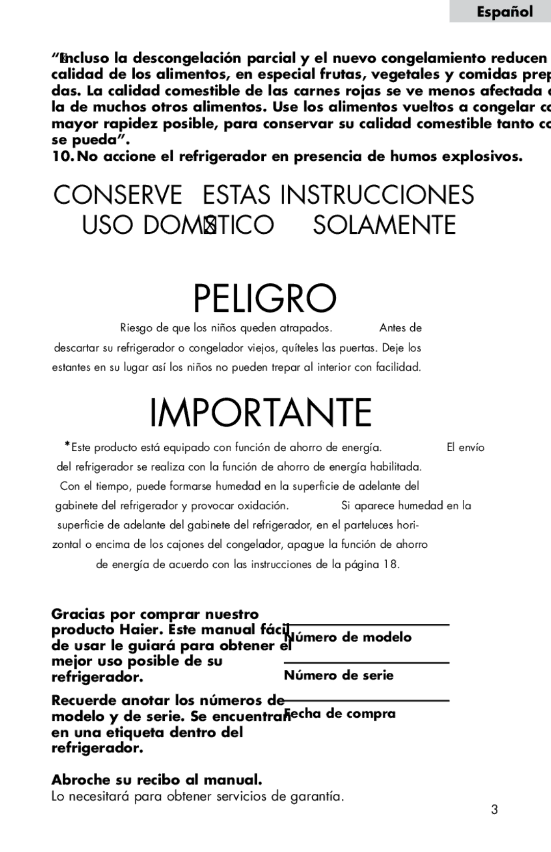 Haier HB21FC75, HB21FC45 user manual Peligro, Lo necesitará para obtener servicios de garantía 