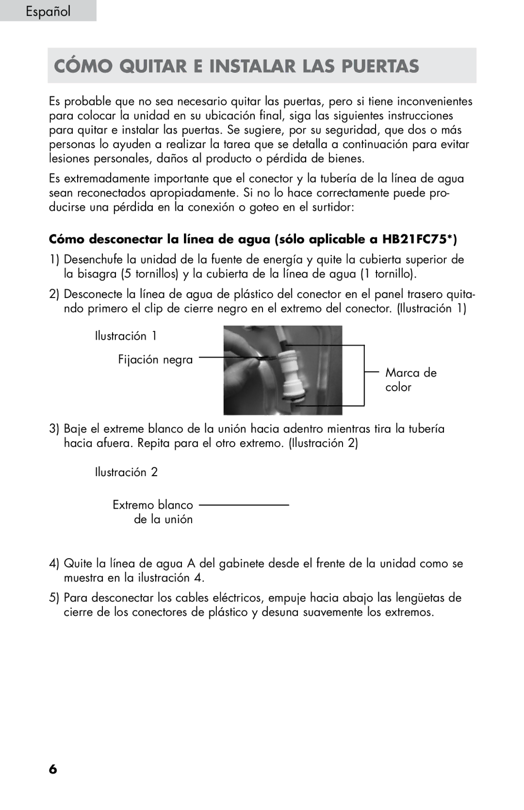 Haier HB21FC45 user manual Cómo Quitar E Instalar LAS Puertas, Cómo desconectar la línea de agua sólo aplicable a HB21FC75 