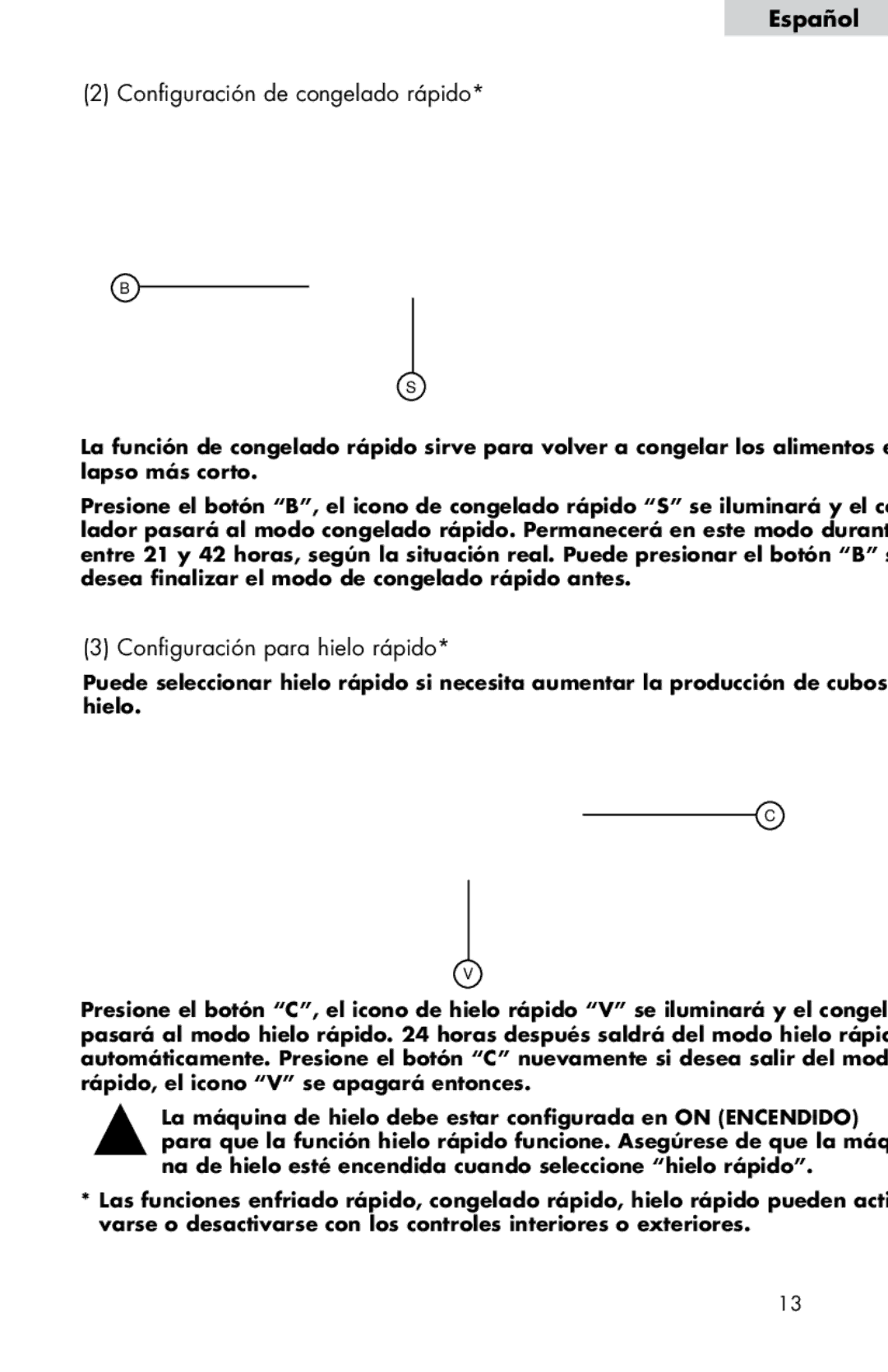 Haier HB21FC75, HB21FC45 user manual Configuración de congelado rápido, Configuración para hielo rápido 