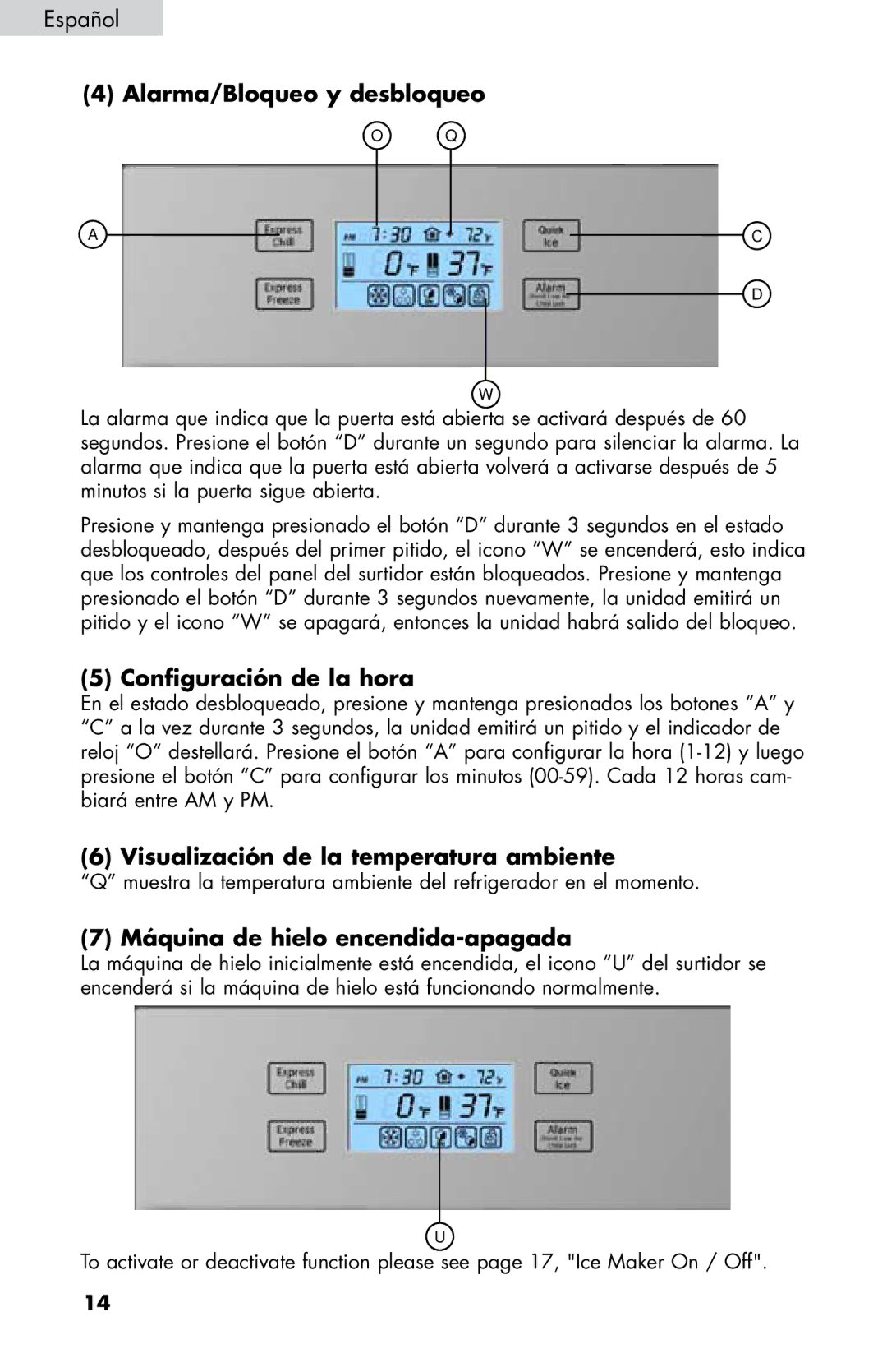 Haier HB21FC45, HB21FC75 Alarma/Bloqueo y desbloqueo, Configuración de la hora, Visualización de la temperatura ambiente 