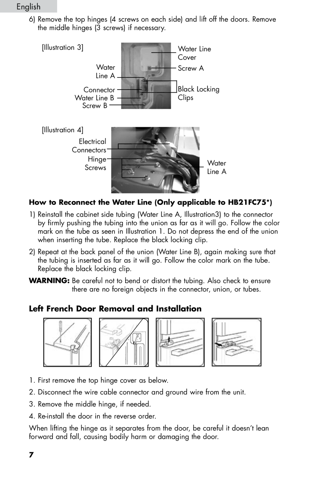 Haier HB21FC45 Left French Door Removal and Installation, How to Reconnect the Water Line Only applicable to HB21FC75 