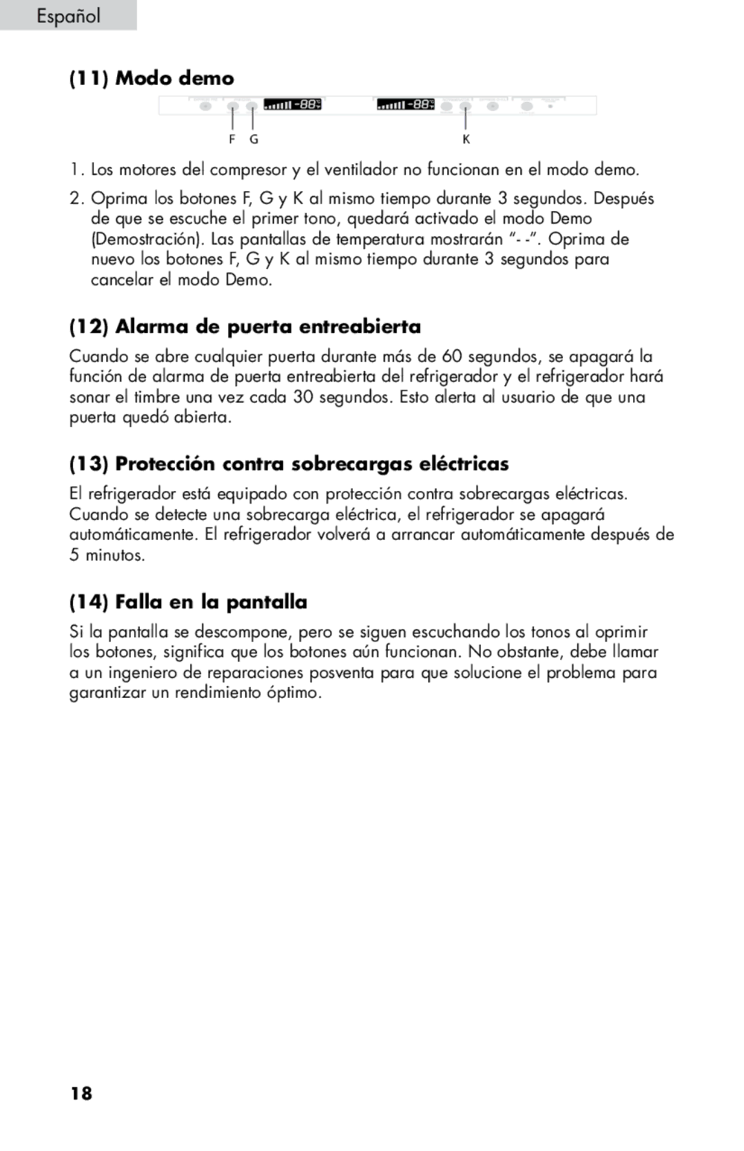 Haier HB21FC45 Modo demo, Alarma de puerta entreabierta, Protección contra sobrecargas eléctricas, Falla en la pantalla 