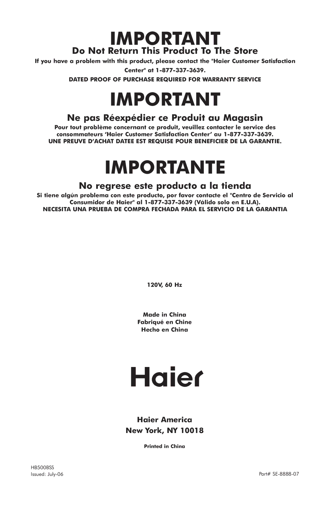 Haier HB500BSS user manual Importante 