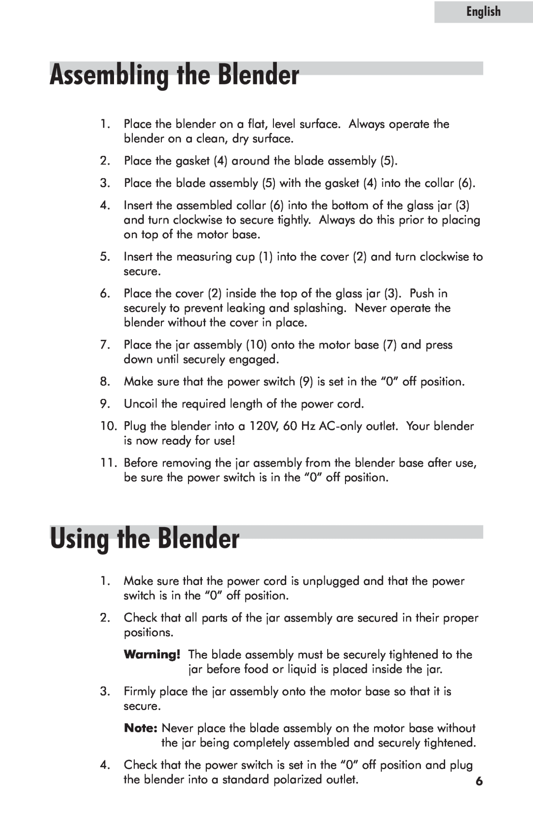Haier HB500BSS user manual Assembling the Blender, Using the Blender, English 