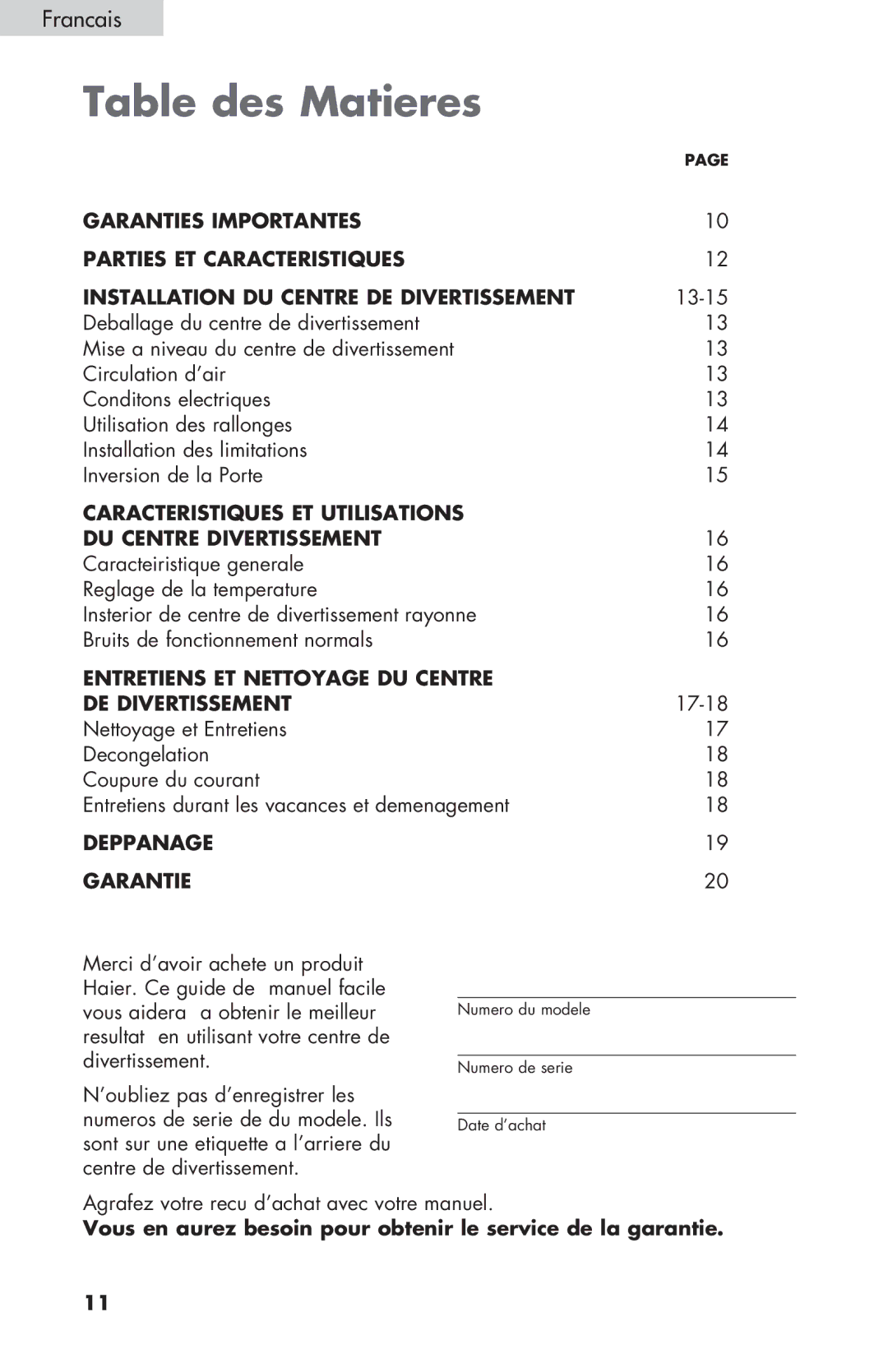 Haier HBCN05FVS user manual Table des Matieres 