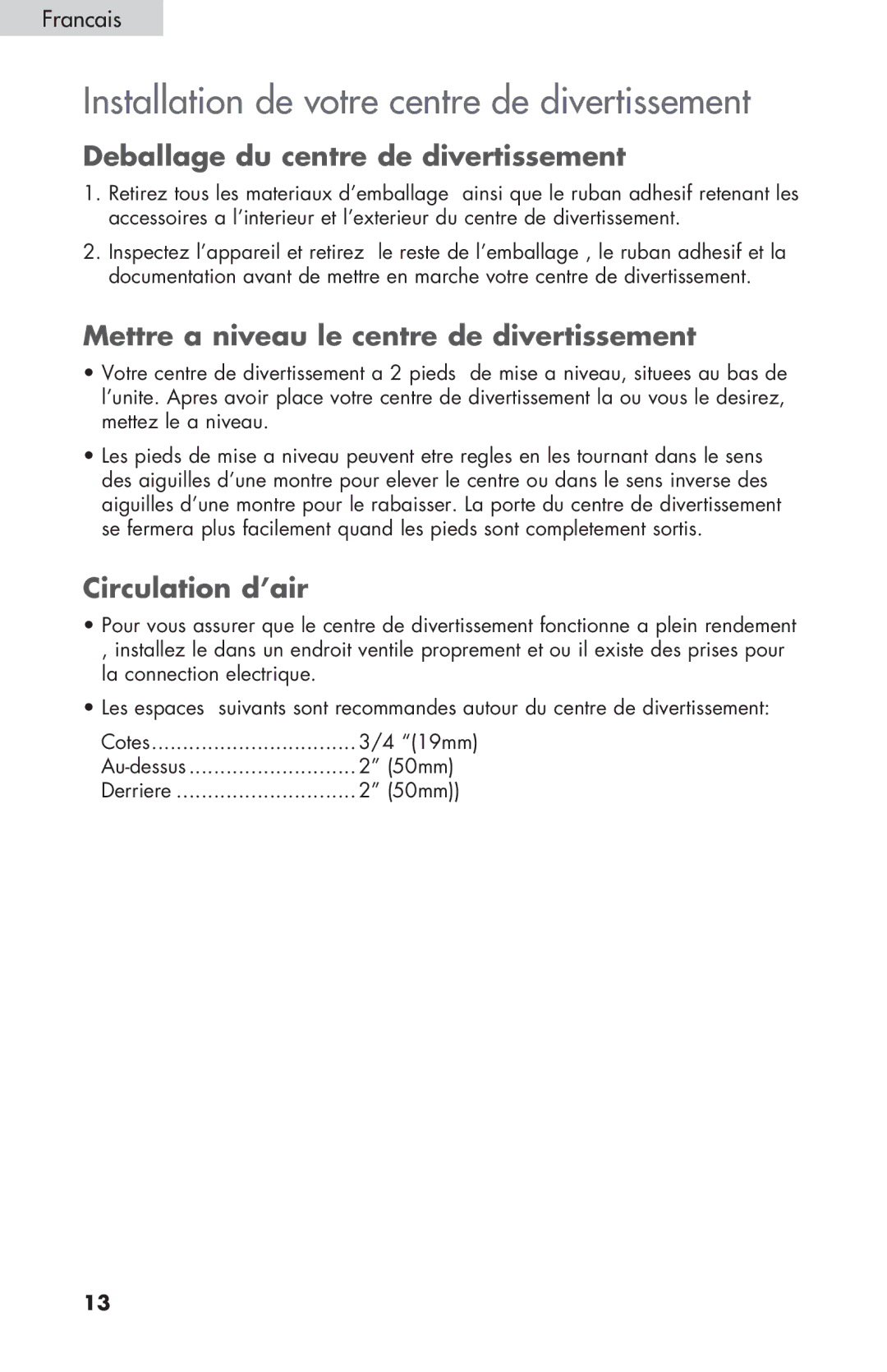 Haier HBCN05FVS Installation de votre centre de divertissement, Deballage du centre de divertissement, Circulation d’air 