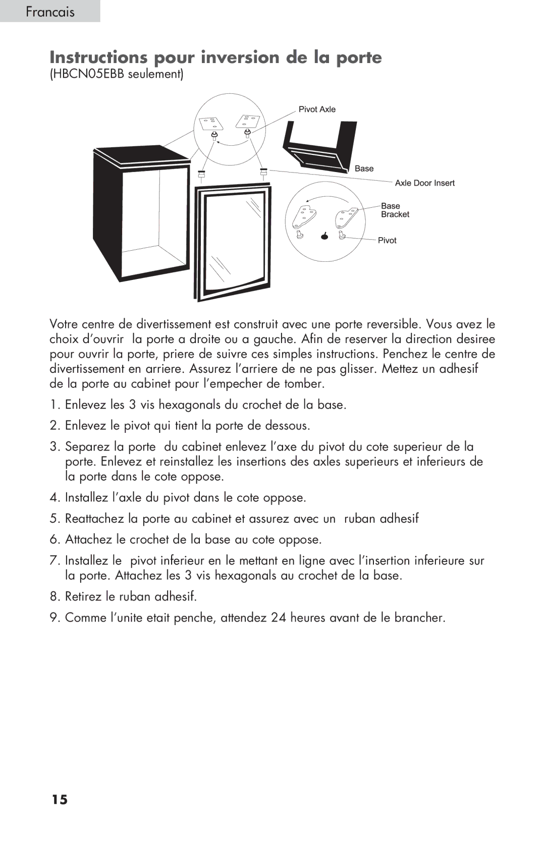 Haier HBCN05FVS user manual Instructions pour inversion de la porte 