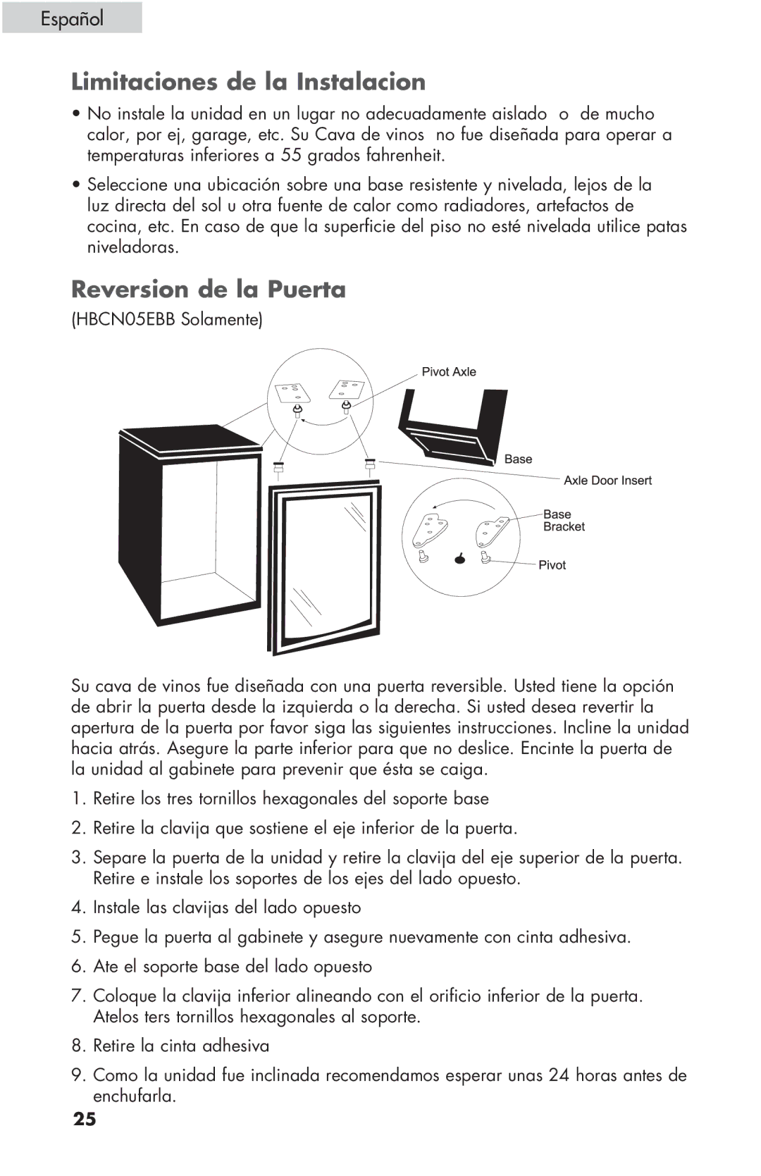 Haier HBCN05FVS user manual Limitaciones de la Instalacion, Reversion de la Puerta 