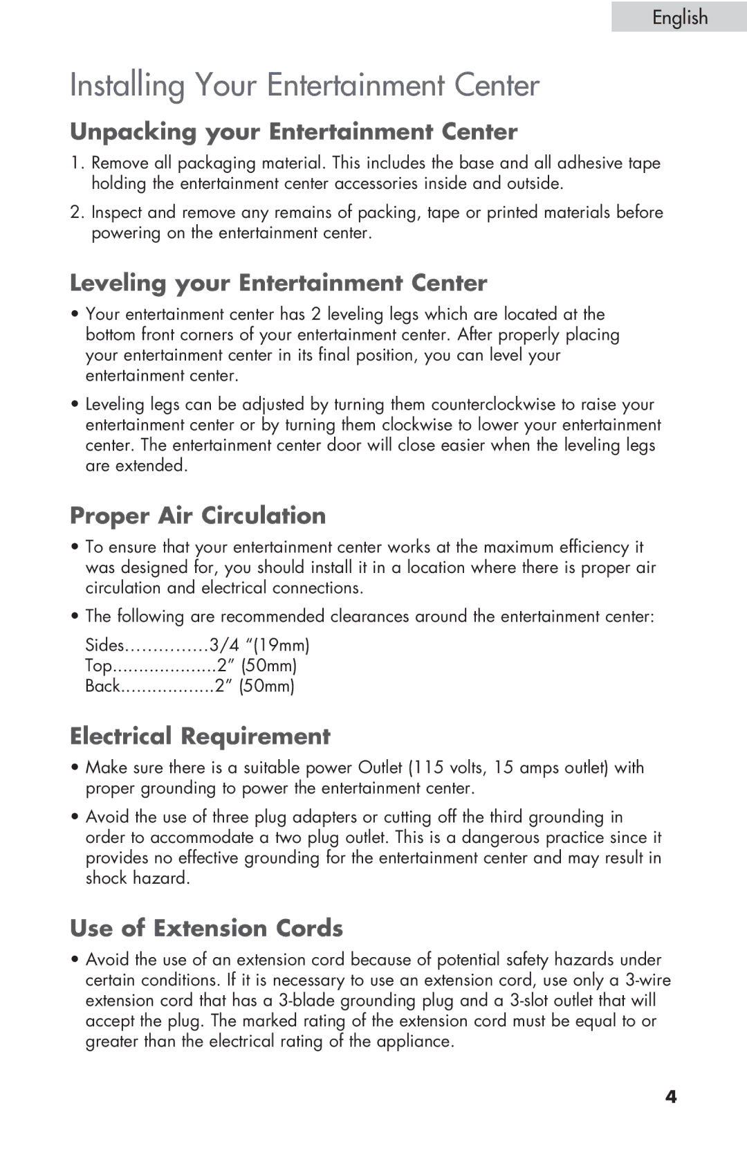 Haier HBCN05FVS user manual Unpacking your Entertainment Center, Leveling your Entertainment Center, Proper Air Circulation 