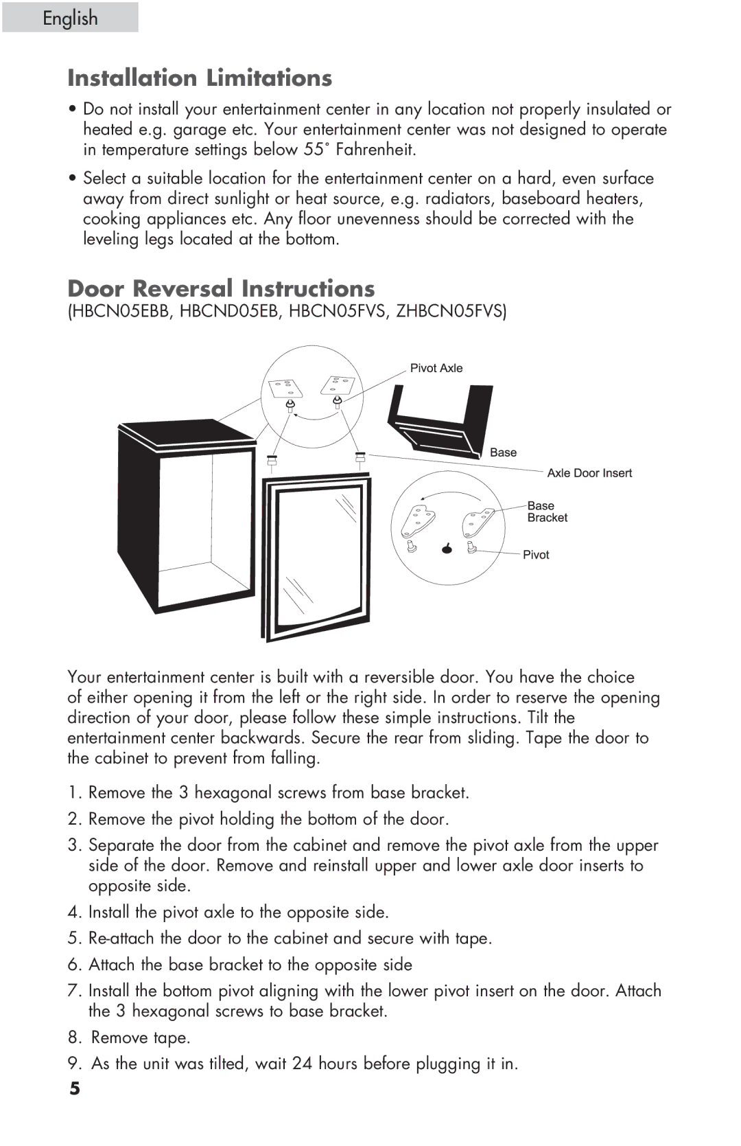 Haier HBCN05FVS user manual Installation Limitations, Door Reversal Instructions 