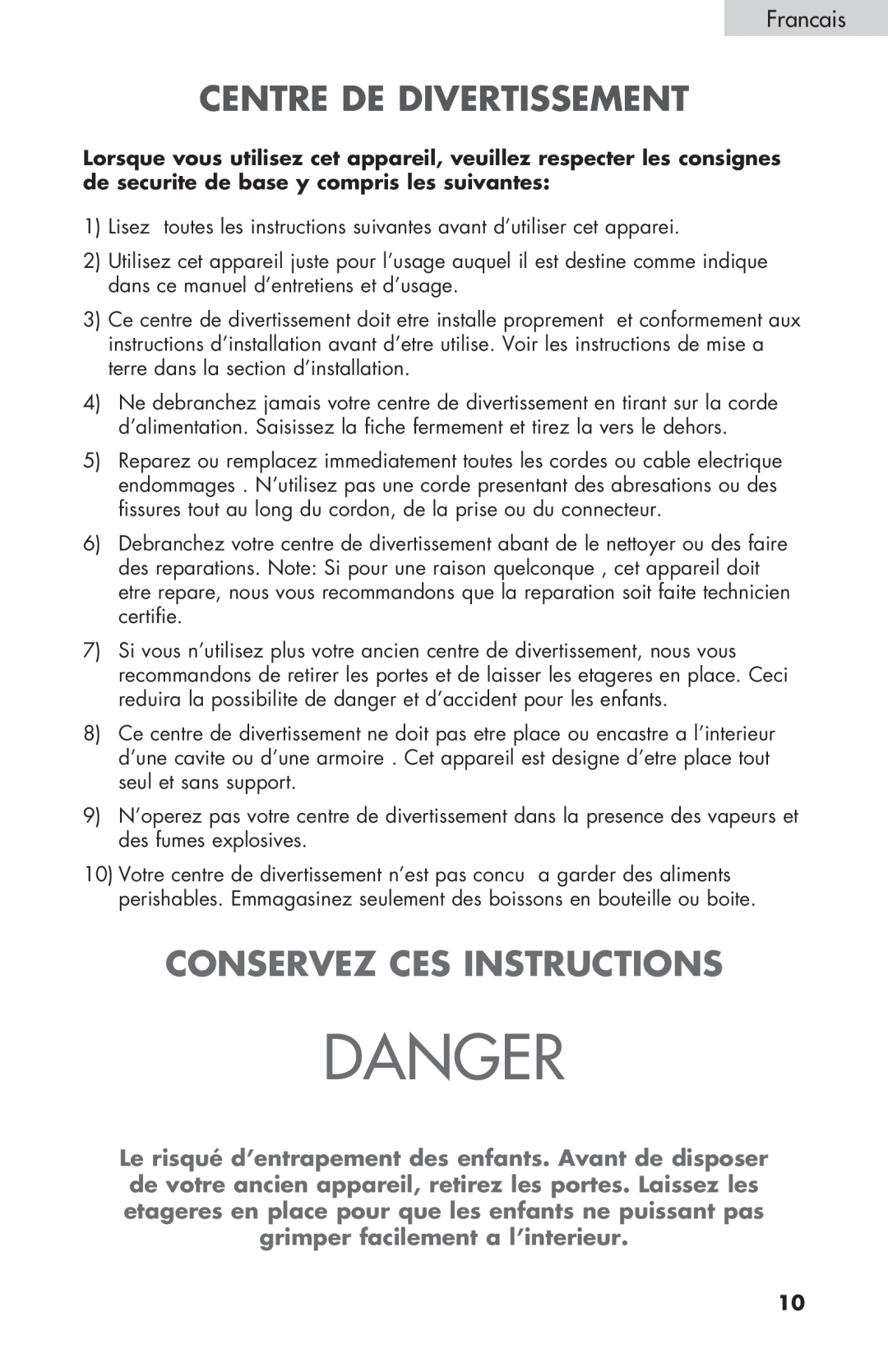 Haier HBCN05FVS user manual Centre De Divertissement, Conservez Ces Instructions, Francais, Danger 