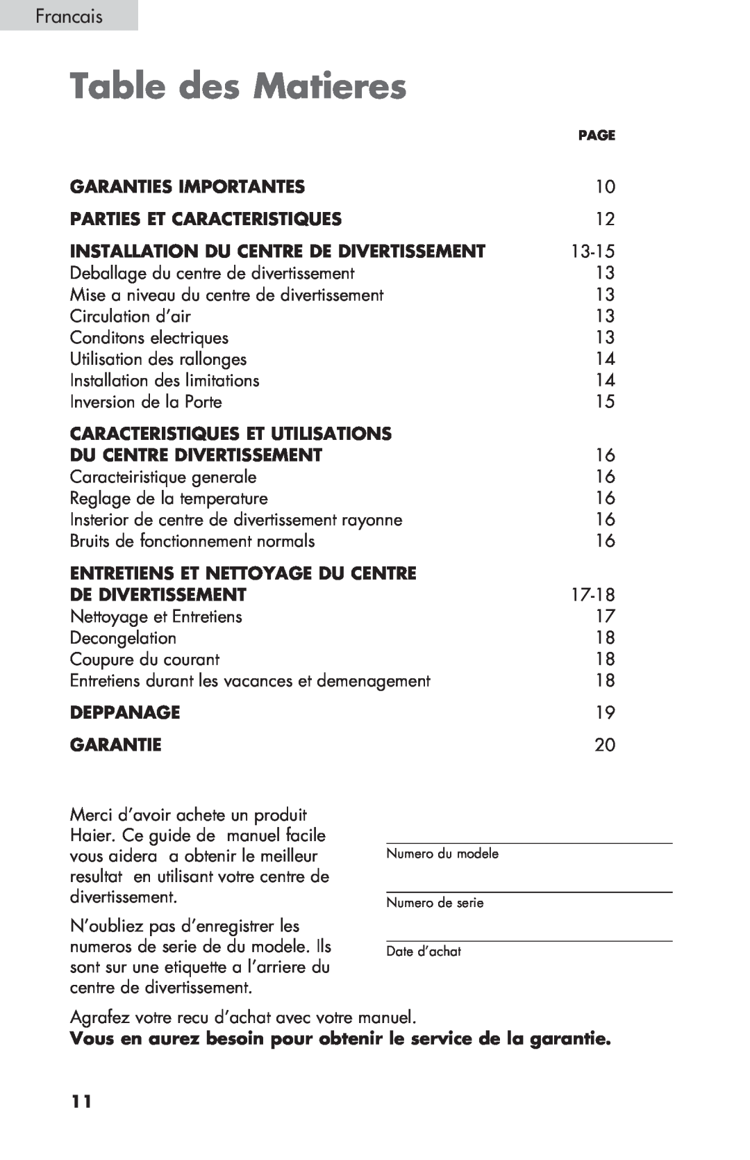 Haier HBCN05FVS Table des Matieres, Garanties Importantes, Parties Et Caracteristiques, Caracteristiques Et Utilisations 
