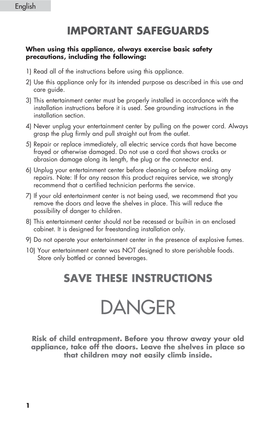 Haier HBCN05FVS user manual Danger, Important Safeguards, Save These Instructions, English 