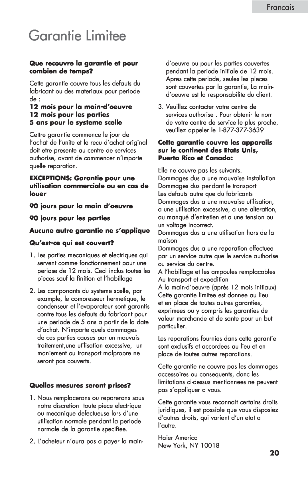 Haier HBCN05FVS user manual Garantie Limitee, Francais 