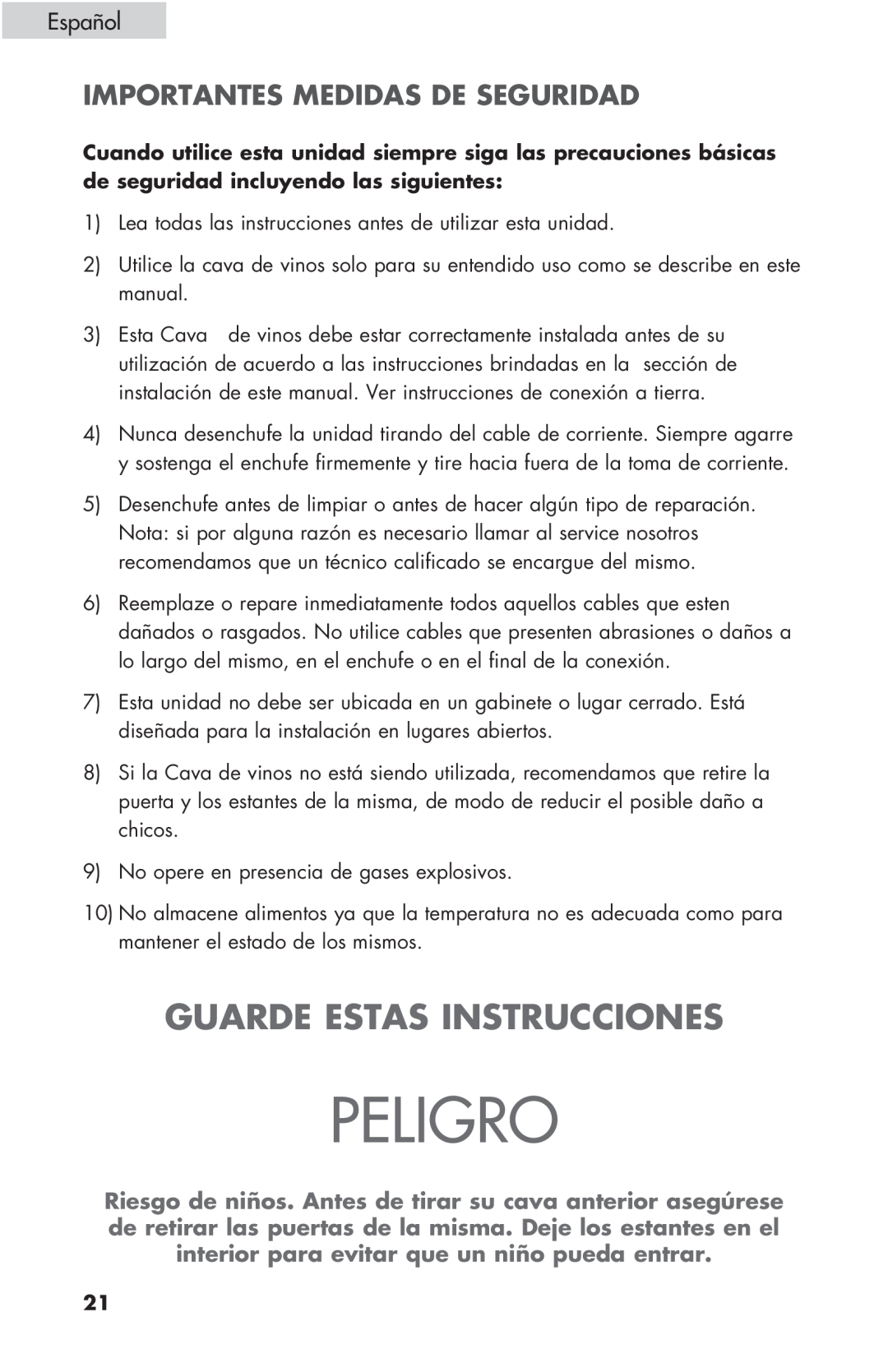 Haier HBCN05FVS user manual Peligro, Guarde Estas Instrucciones, Importantes Medidas De Seguridad, Español 