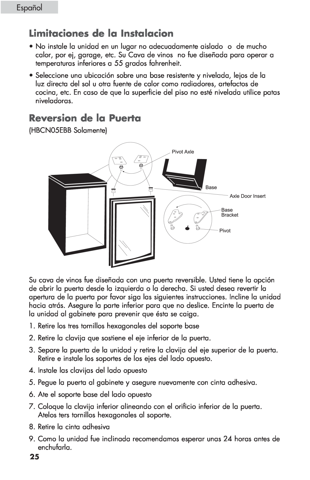 Haier HBCN05FVS user manual Limitaciones de la Instalacion, Reversion de la Puerta, Español 