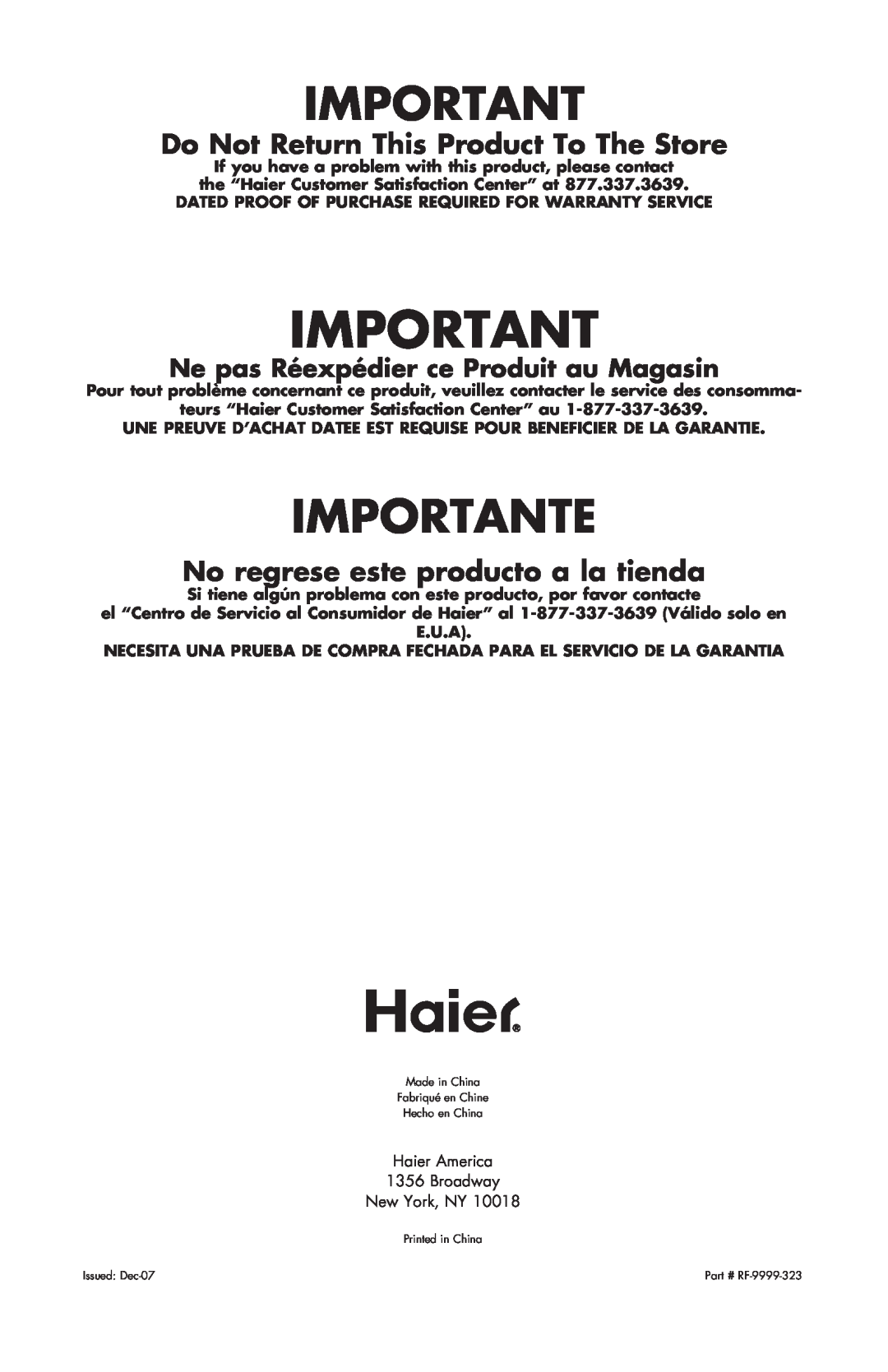 Haier HBCN05FVS user manual Importante, Do Not Return This Product To The Store, No regrese este producto a la tienda 