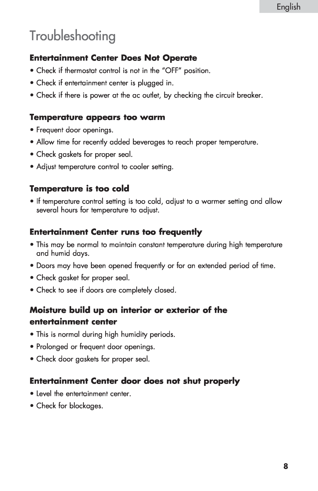 Haier HBCN05FVS user manual Troubleshooting, Entertainment Center Does Not Operate, Temperature appears too warm, English 
