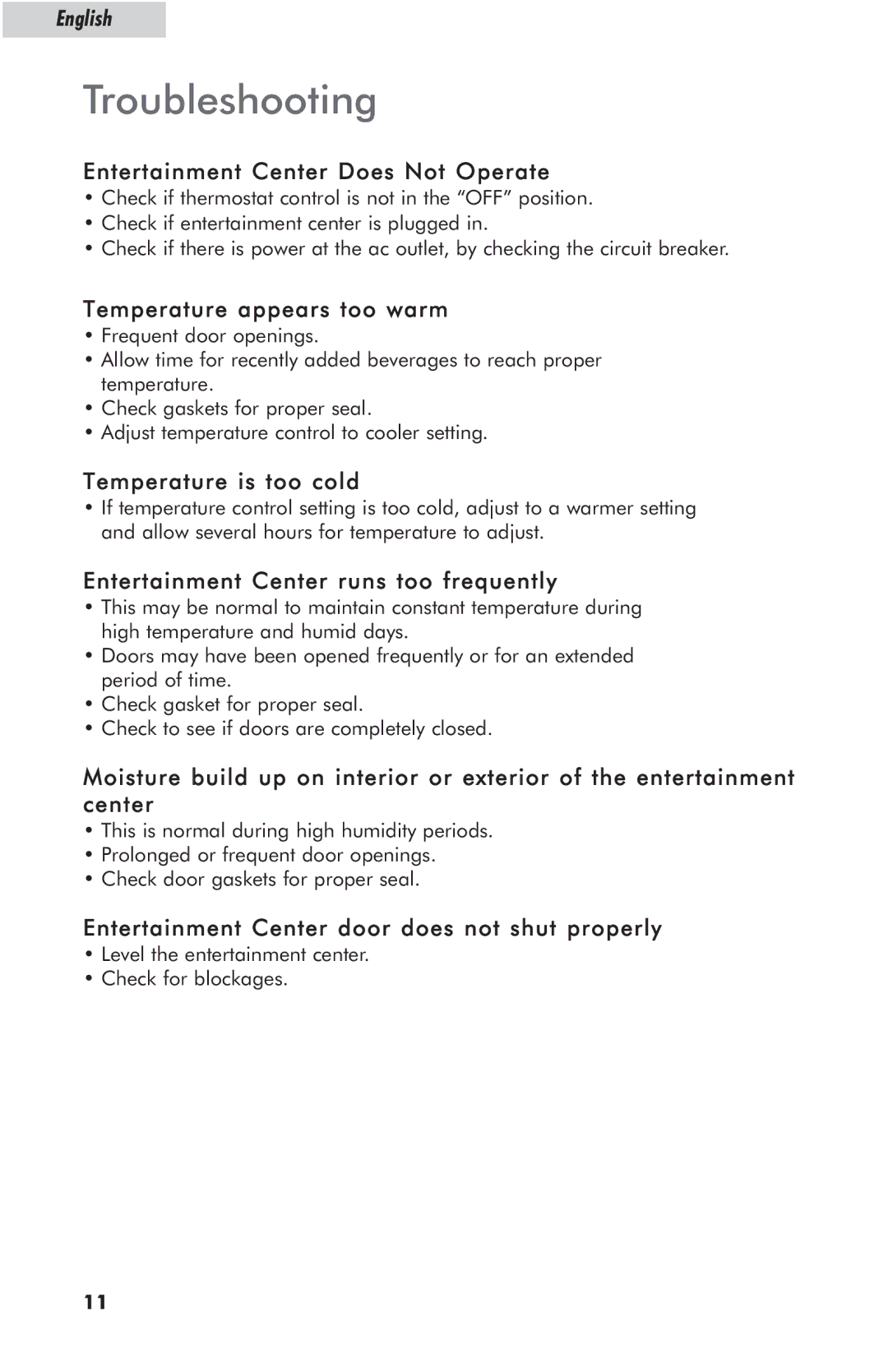 Haier HBCND05EB, HBCN05EBB, HBCN02EBB user manual Troubleshooting, Entertainment Center Does Not Operate 