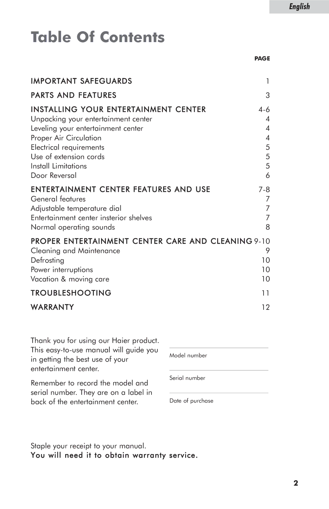 Haier HBCND05EB, HBCN05EBB, HBCN02EBB user manual Table Of Contents 