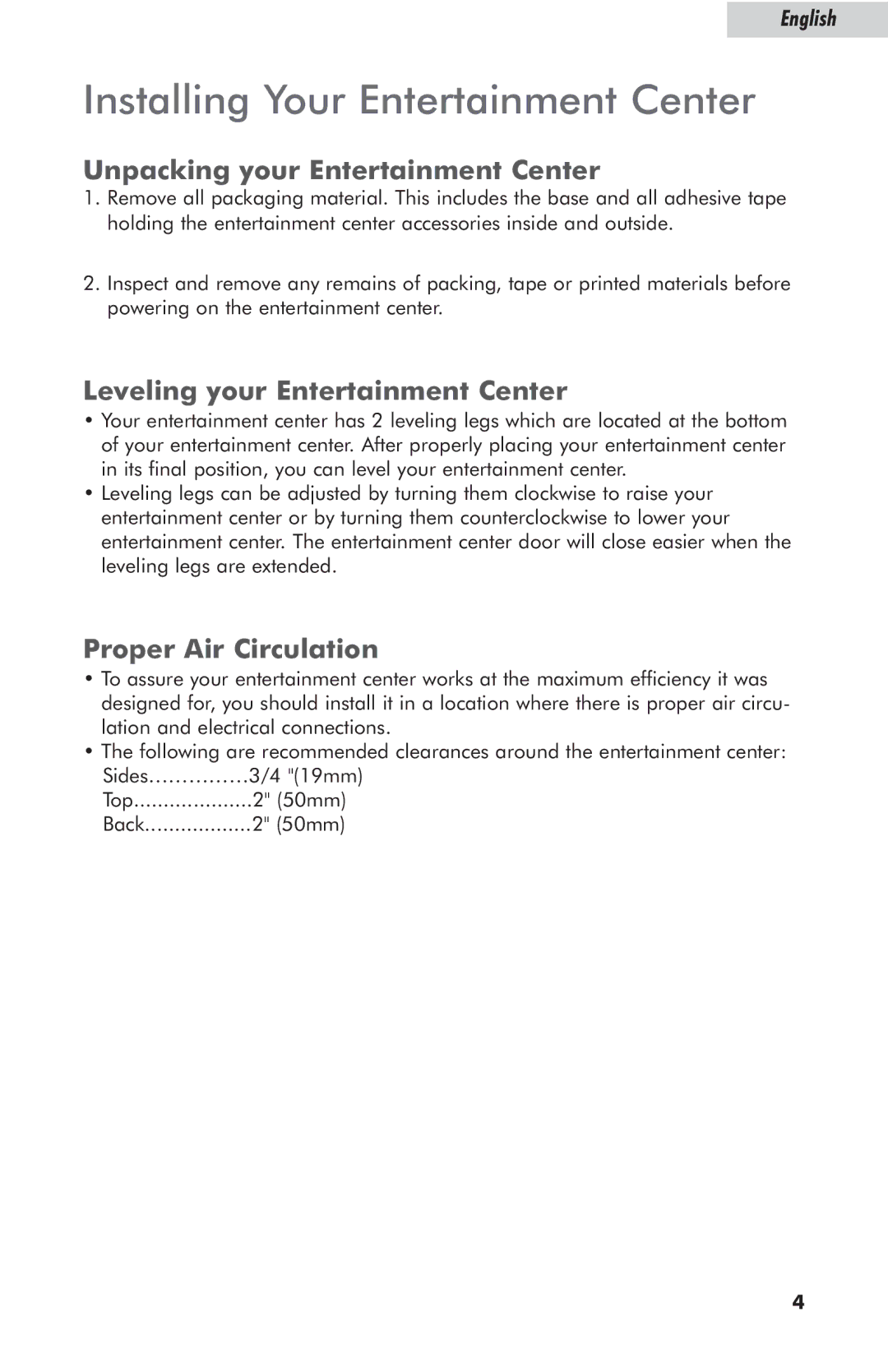 Haier HBCN02EBB Installing Your Entertainment Center, Unpacking your Entertainment Center, Proper Air Circulation 