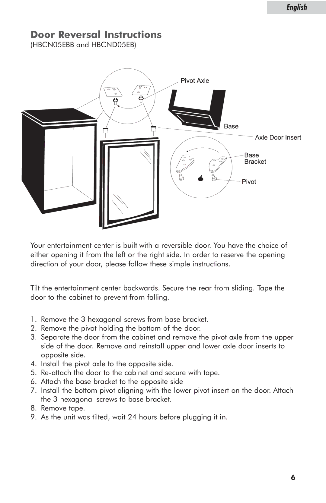 Haier HBCN05EBB, HBCND05EB, HBCN02EBB user manual Door Reversal Instructions 