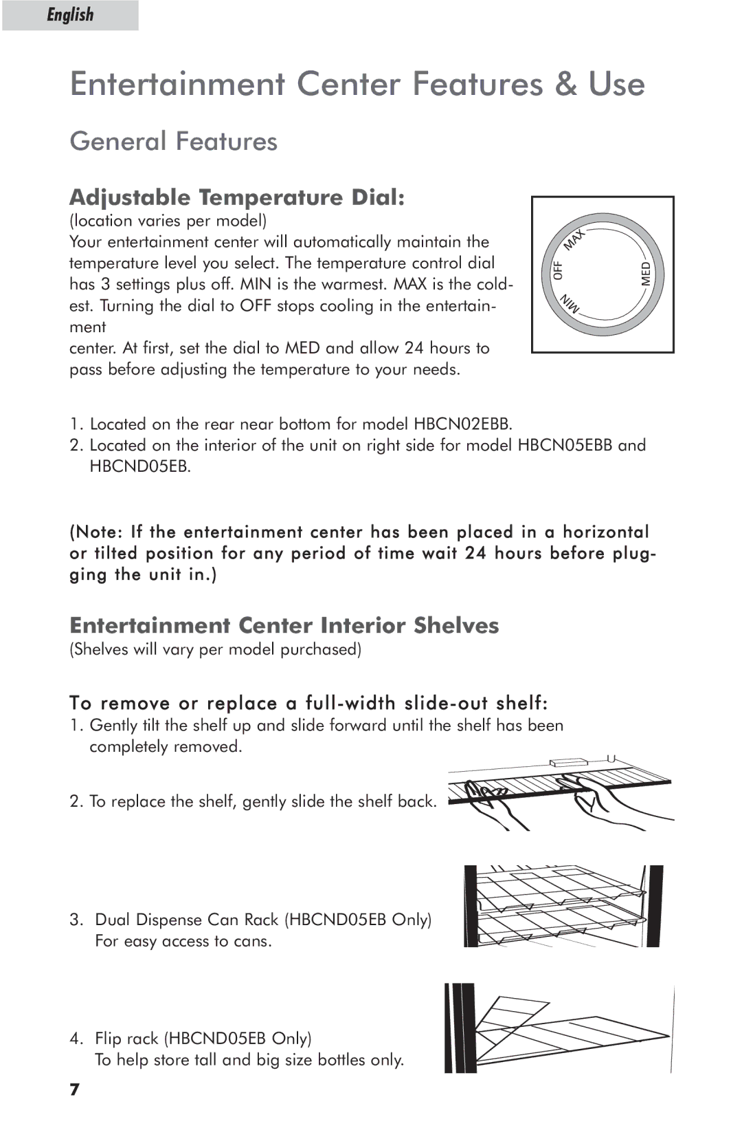 Haier HBCN02EBB, HBCND05EB, HBCN05EBB Entertainment Center Features & Use, General Features, Adjustable Temperature Dial 