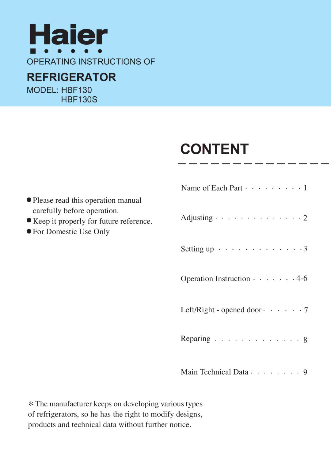 Haier HBF130S operation manual Content 