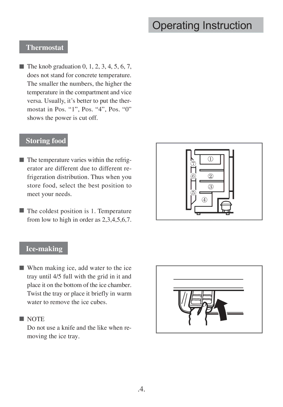 Haier HBF130S operation manual Operating Instruction, Thermostat, Storing food, Ice-making 