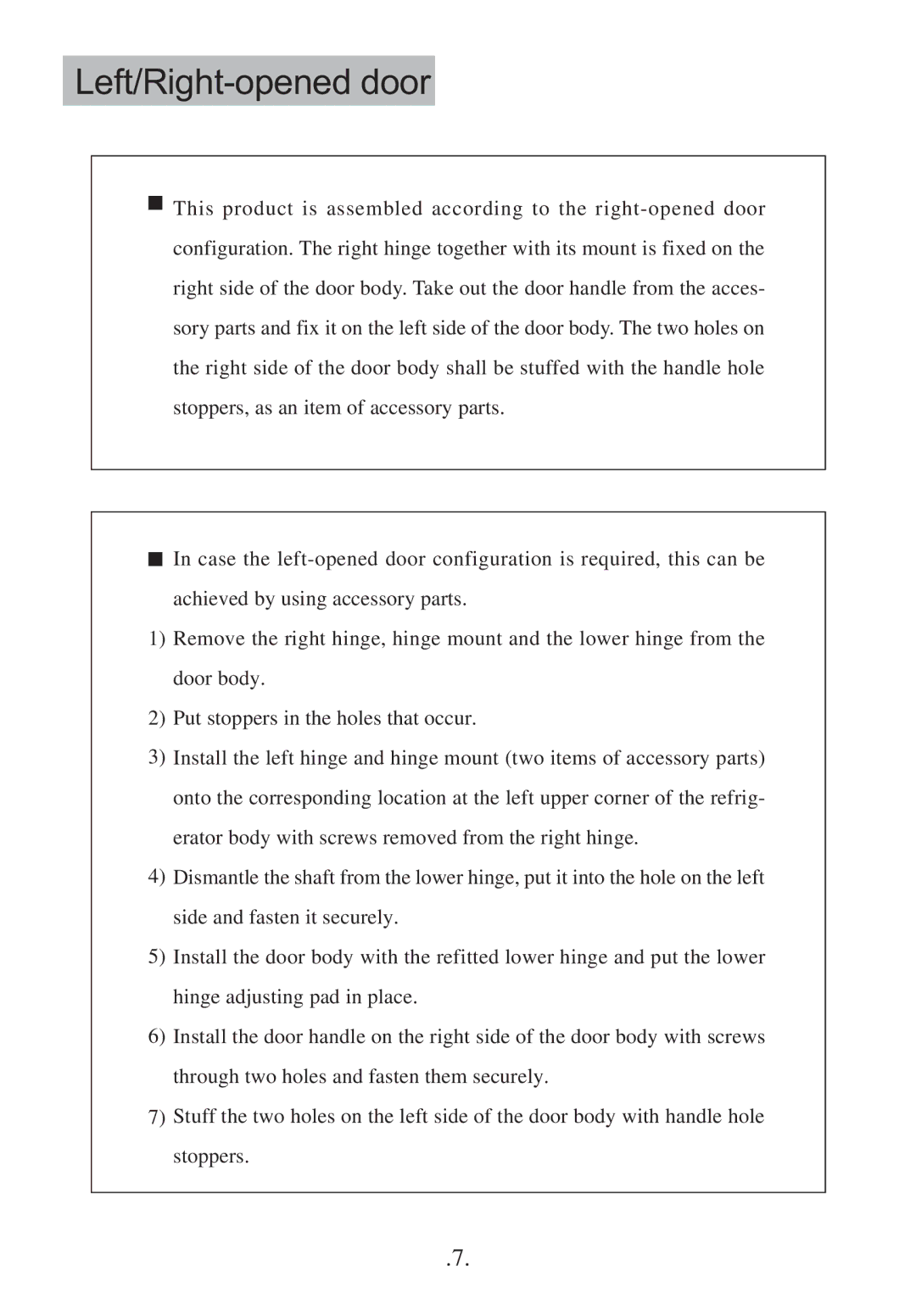 Haier HBF130S operation manual Left/Right-opened door 