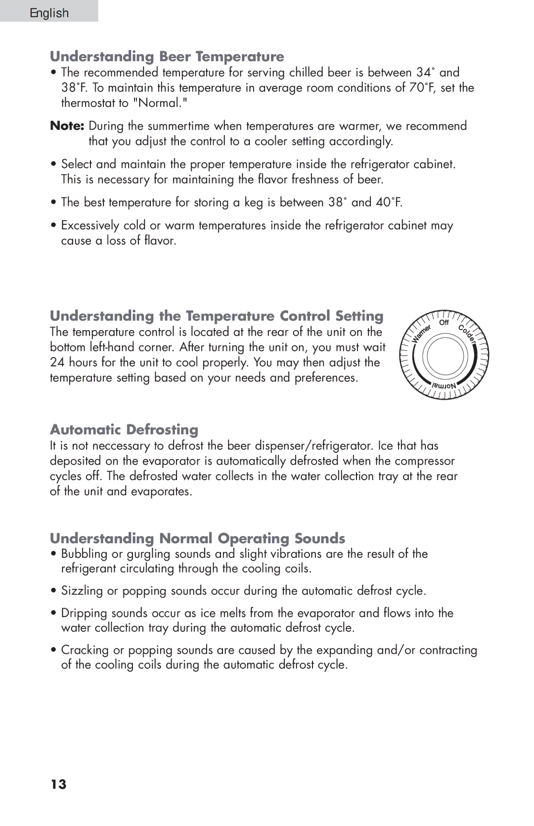 Haier HBF205E Understanding Beer Temperature, Understanding the Temperature Control Setting, Automatic Defrosting 