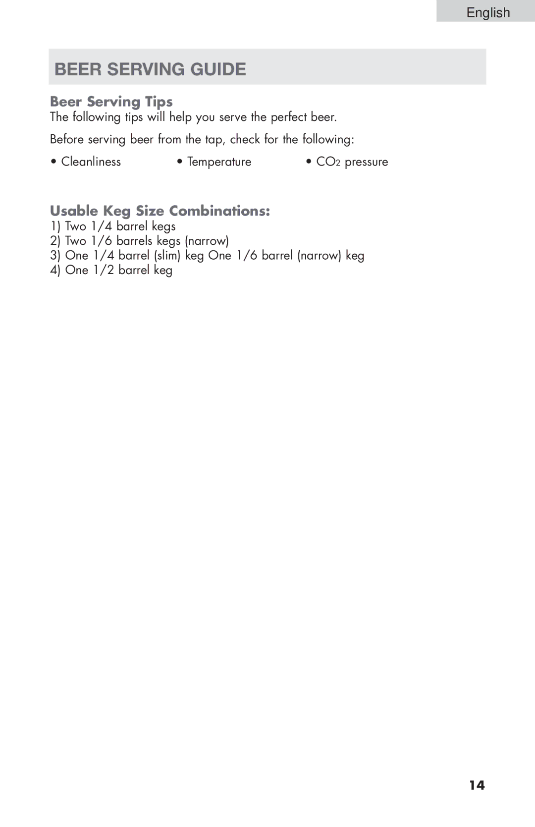 Haier HBF205E user manual Beer Serving Guide, Beer Serving Tips, Usable Keg Size Combinations 