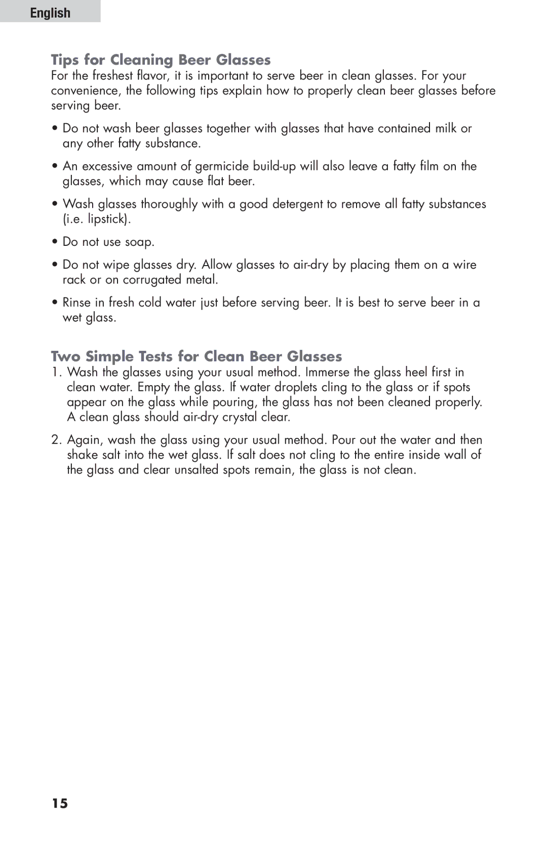 Haier HBF205E user manual Tips for Cleaning Beer Glasses, Two Simple Tests for Clean Beer Glasses 