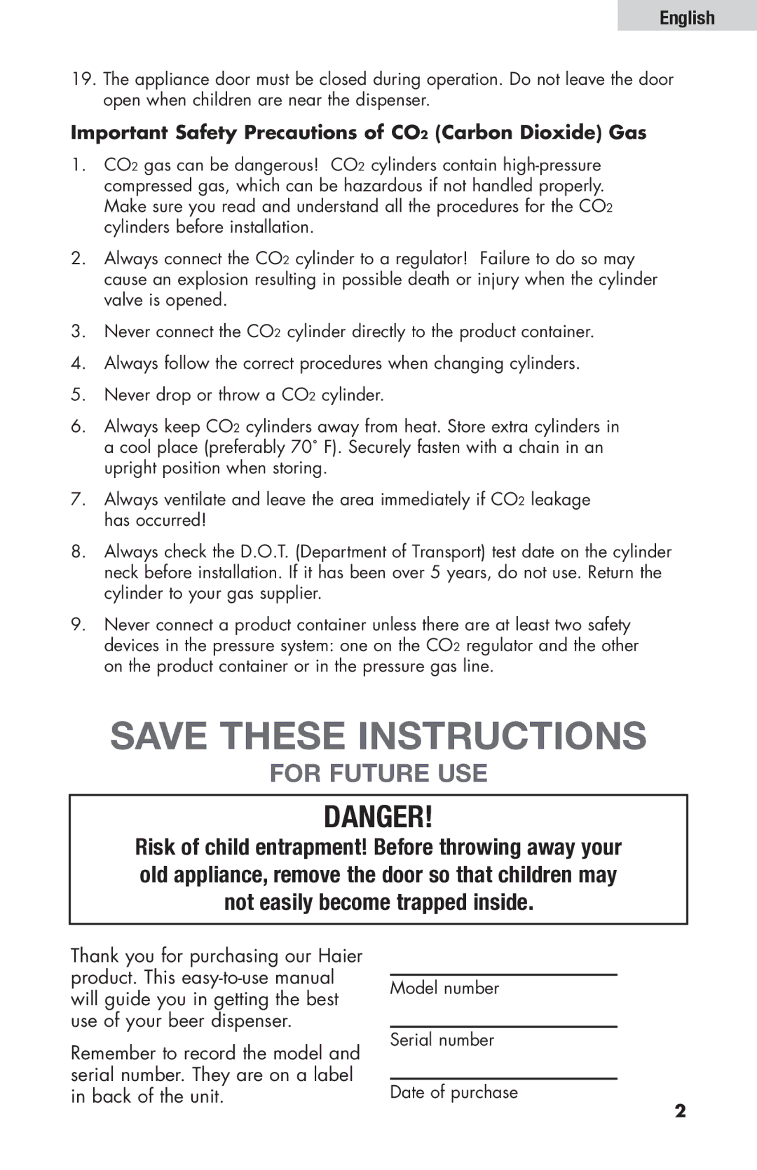 Haier HBF205E user manual For Future Use, Important Safety Precautions of CO2 Carbon Dioxide Gas 