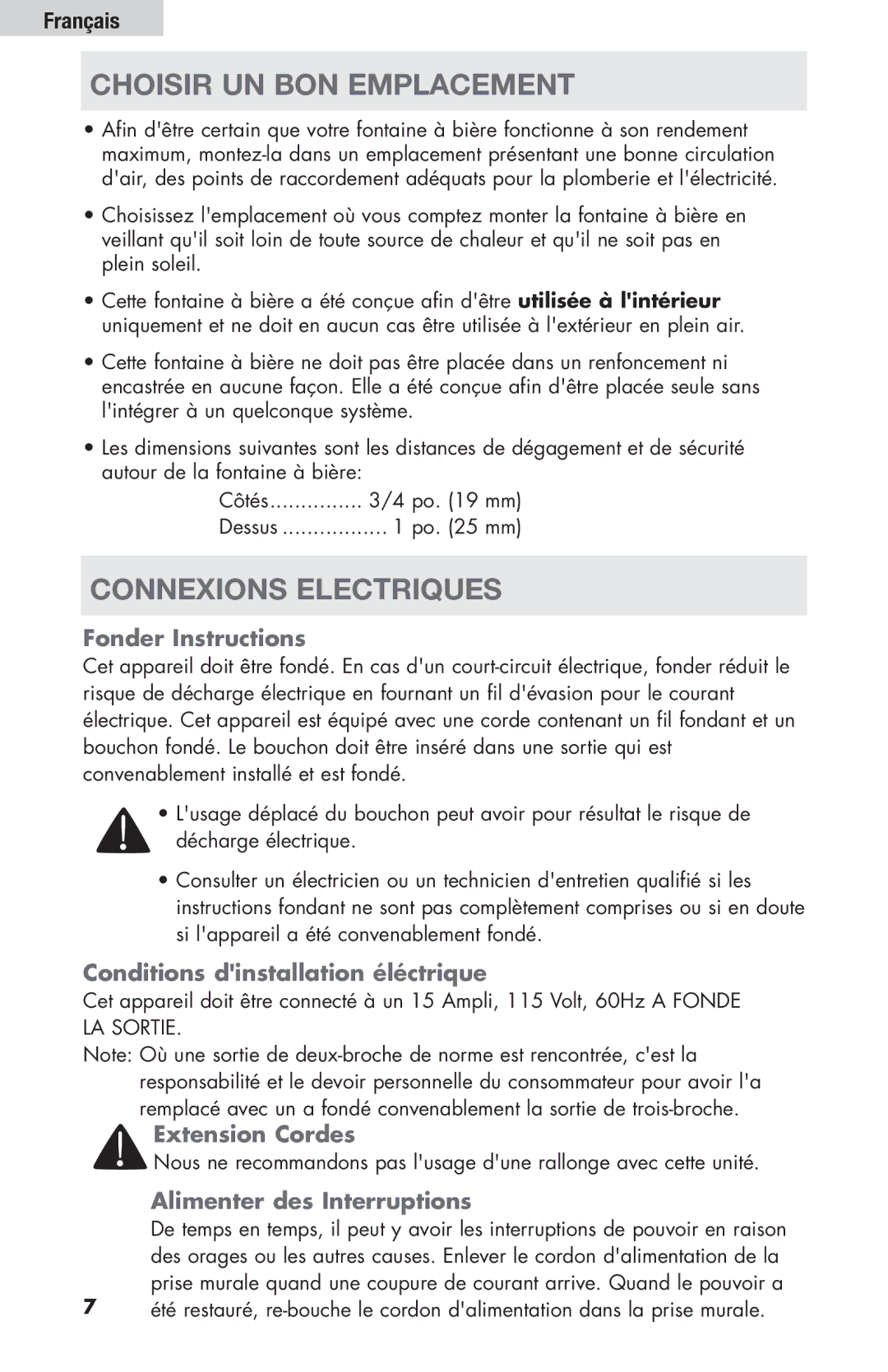 Haier HBF205E user manual Choisir un bon Emplacement, Connexions Electriques 