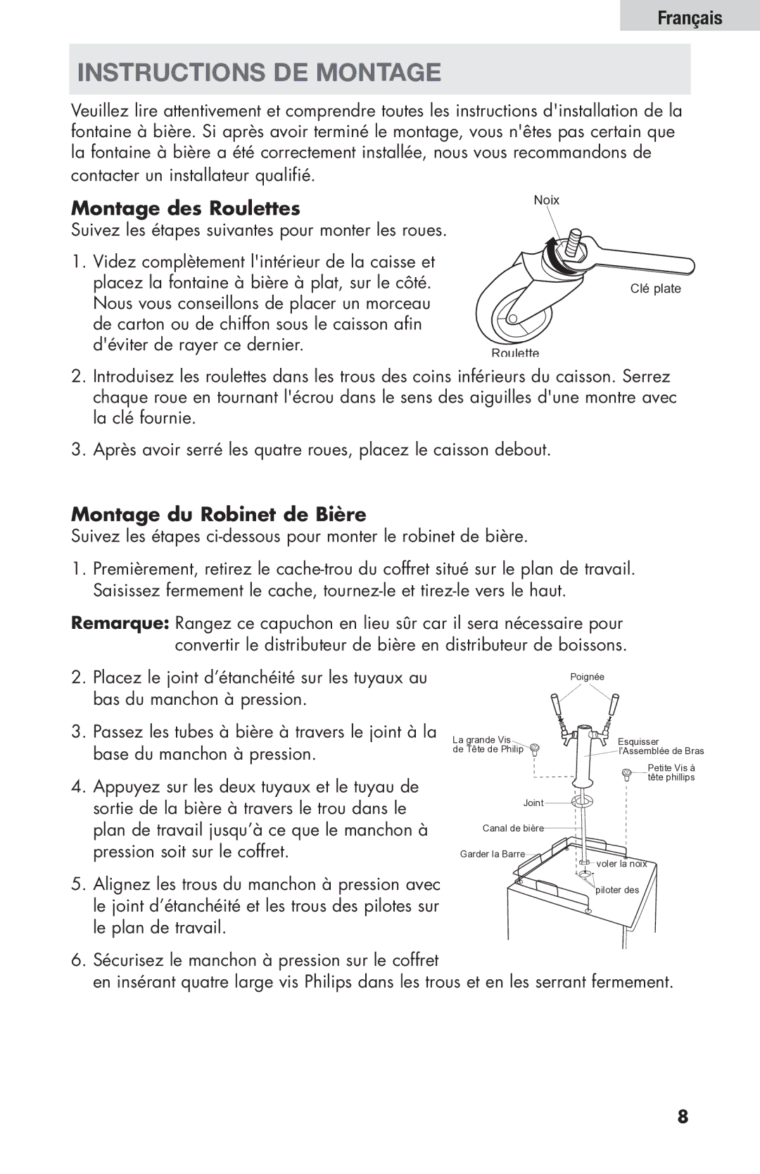 Haier HBF205E user manual Instructions de Montage, Montage des Roulettes, Montage du Robinet de Bière 