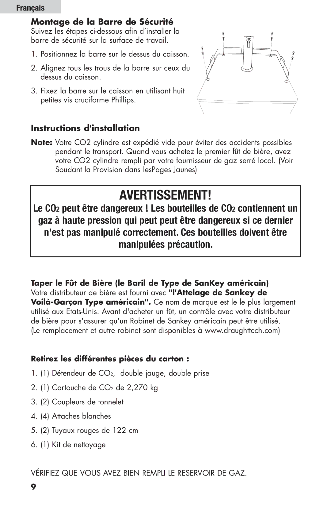 Haier HBF205E user manual Français Montage de la Barre de Sécurité, Instructions dinstallation 