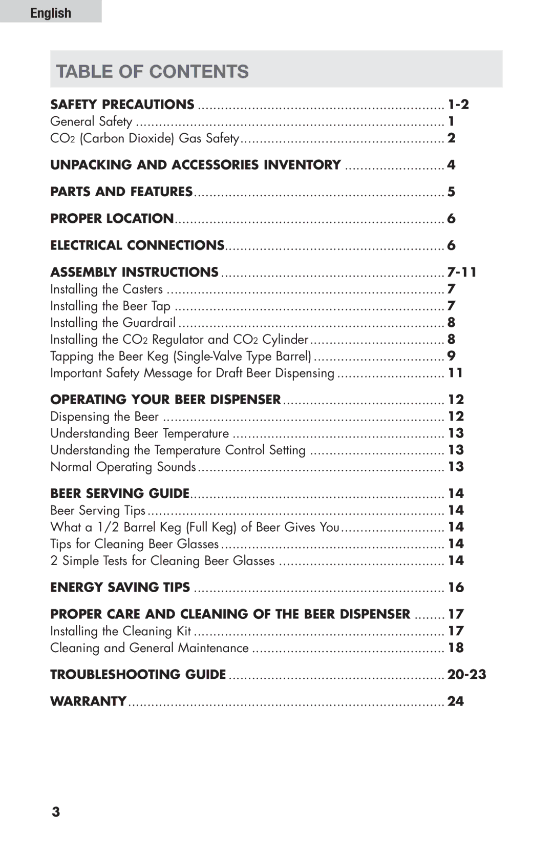 Haier HBF205E user manual Table Of Contents 