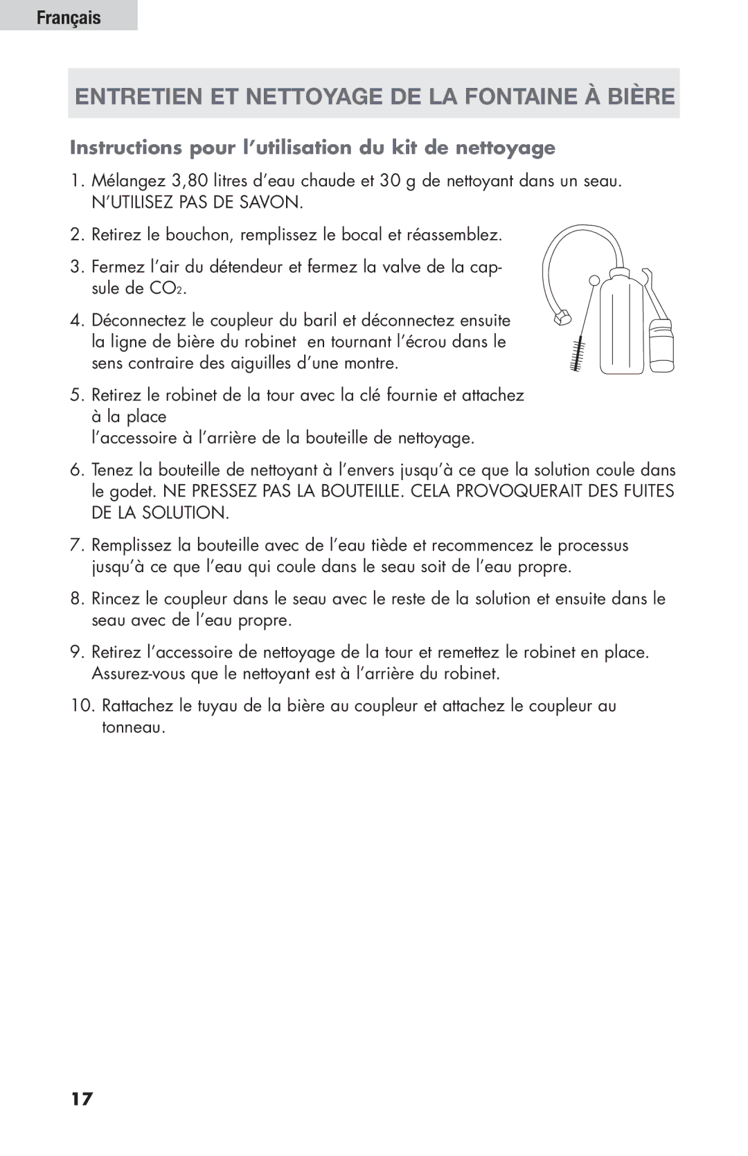 Haier HBF205E Entretien et Nettoyage de la Fontaine à Bière, Instructions pour l’utilisation du kit de nettoyage 